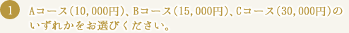Aコース(10,000円)、Bコース(15,000円)、Cコース(30,000円)のいずれかをお選びください。